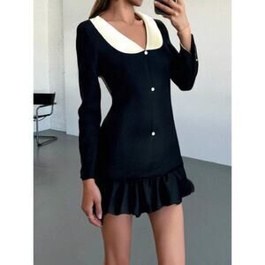 NWT CIDER Black Old Money Preppy Ruffled Hemline Blazer Dress Womens Size M
